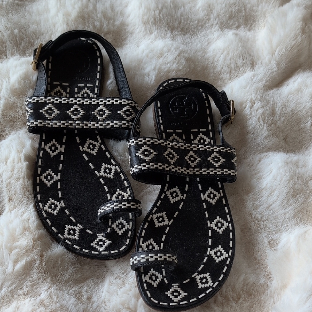 Tory Burch Black and White Patterned Sandals